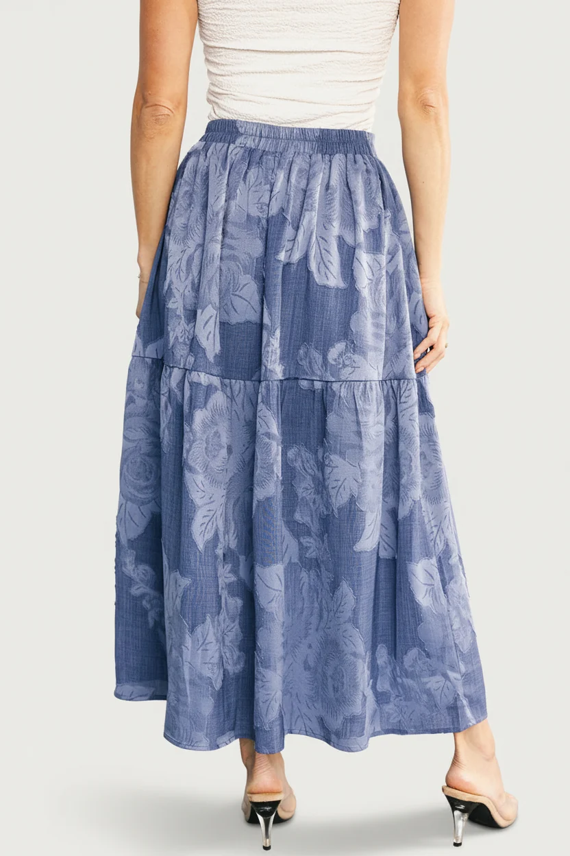 Alejandra Midi Skirt — Blue Floral Denim-Look
