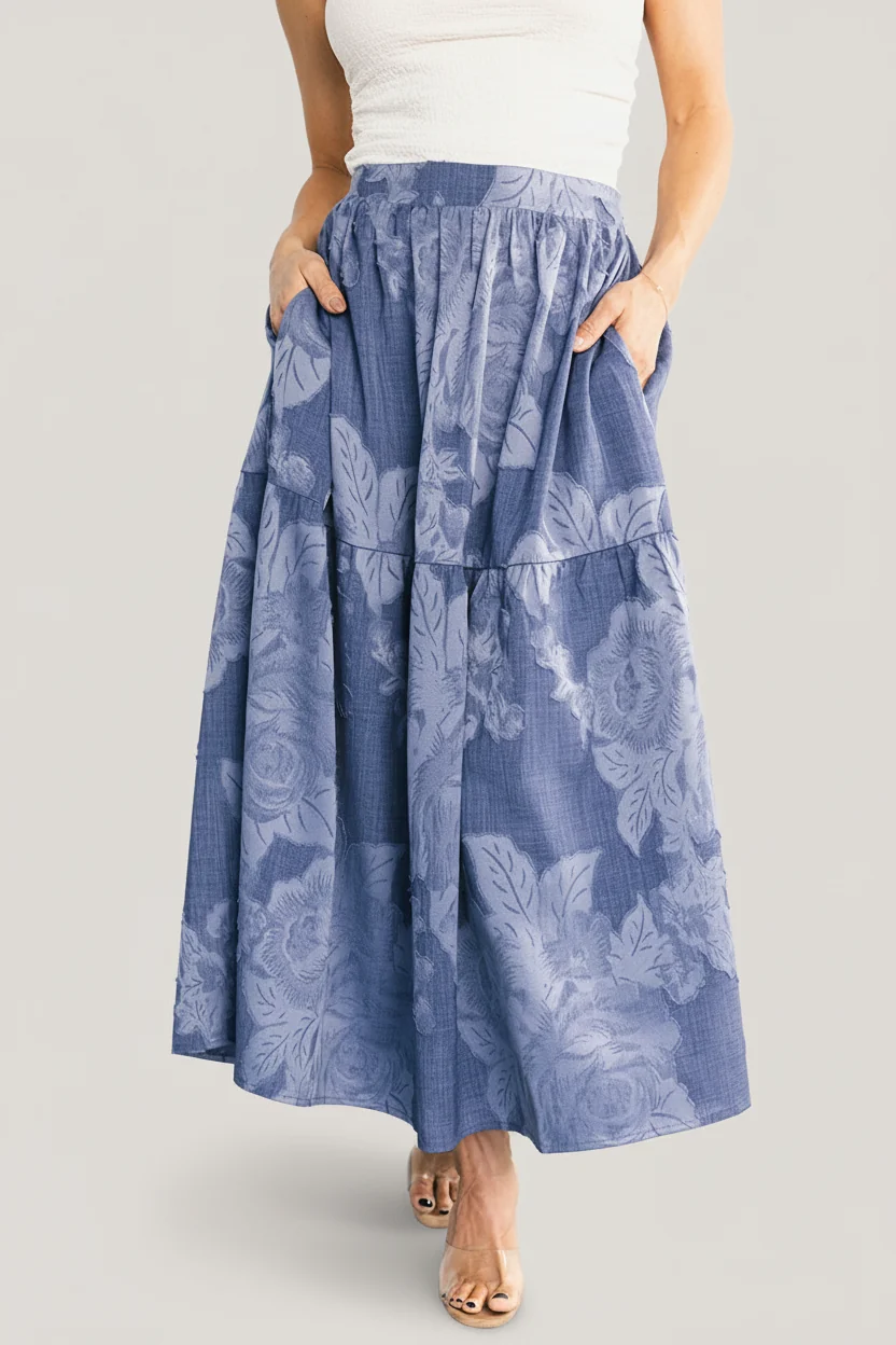 Alejandra Midi Skirt — Blue Floral Denim-Look