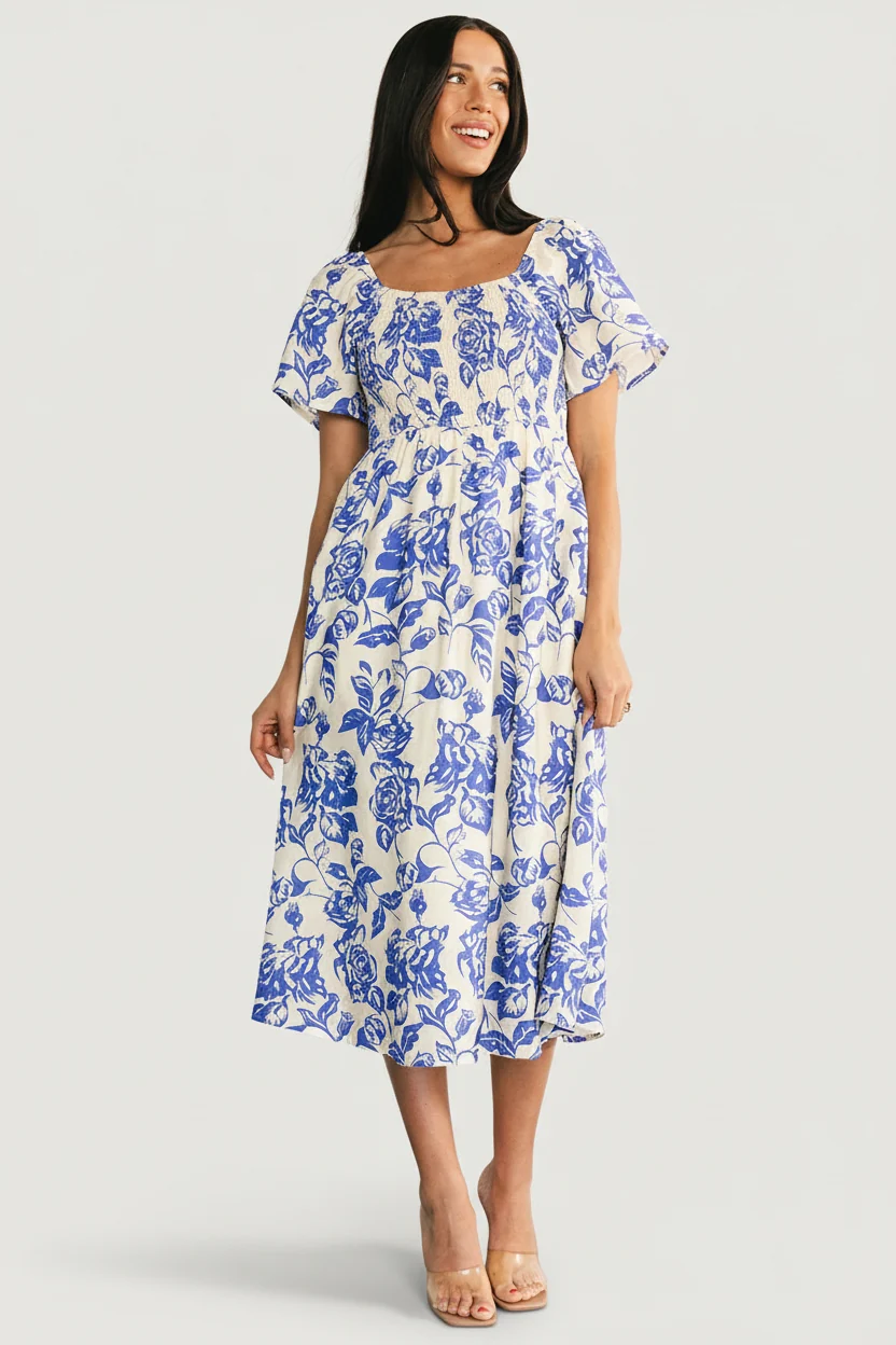 Dolores Smocked Midi — Ivory & Blue Floral