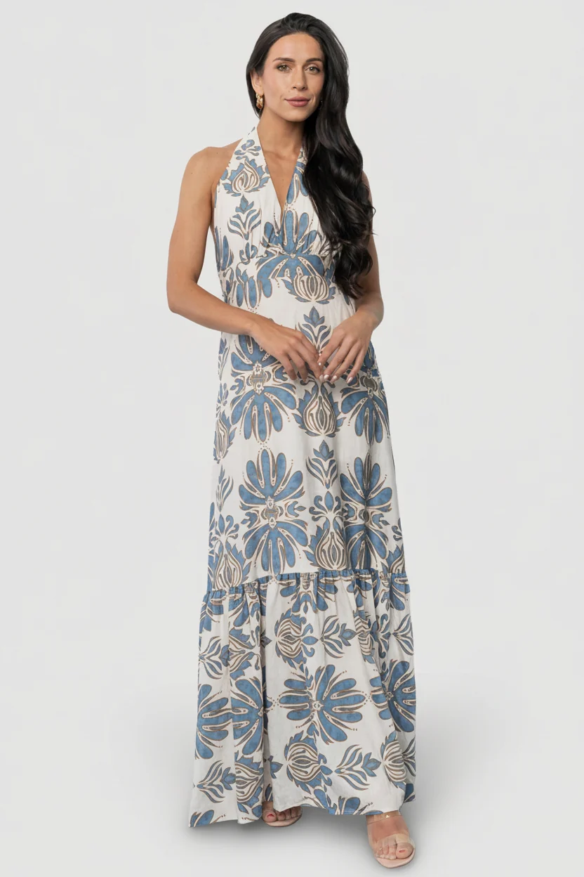Estrella Halter Maxi Dress, Navy & Tan