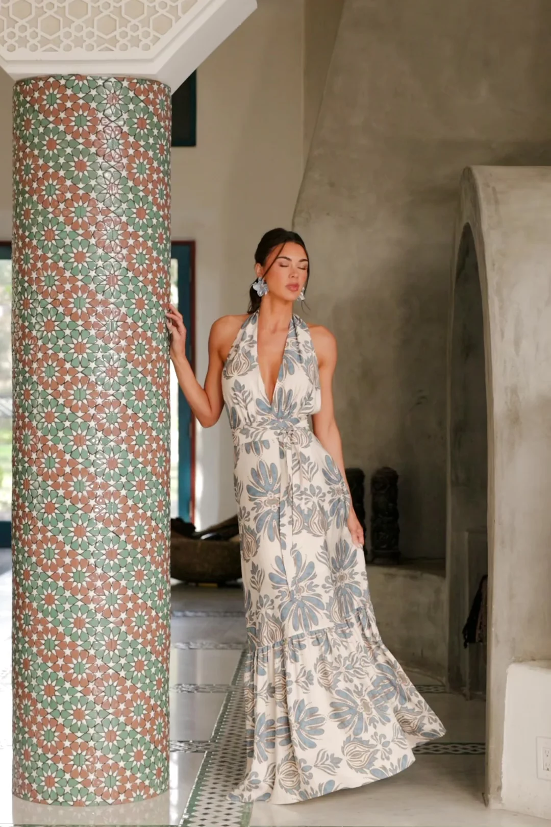 Estrella Halter Maxi Dress, Navy & Tan 2 Estrella Halter Maxi Dress, Navy & Tan