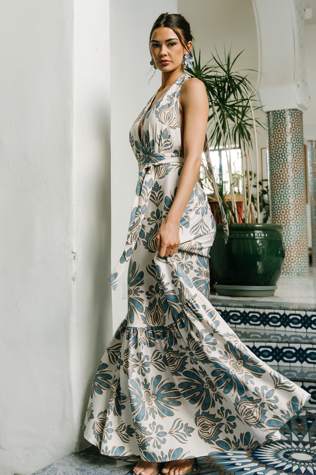 Estrella Halter Maxi Dress, Navy & Tan 3 Estrella Halter Maxi Dress, Navy & Tan
