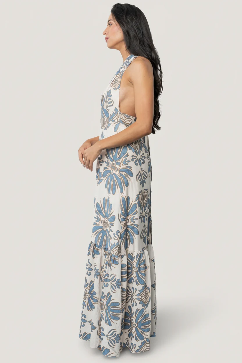 Estrella Halter Maxi Dress, Navy & Tan 5 Estrella Halter Maxi Dress, Navy & Tan