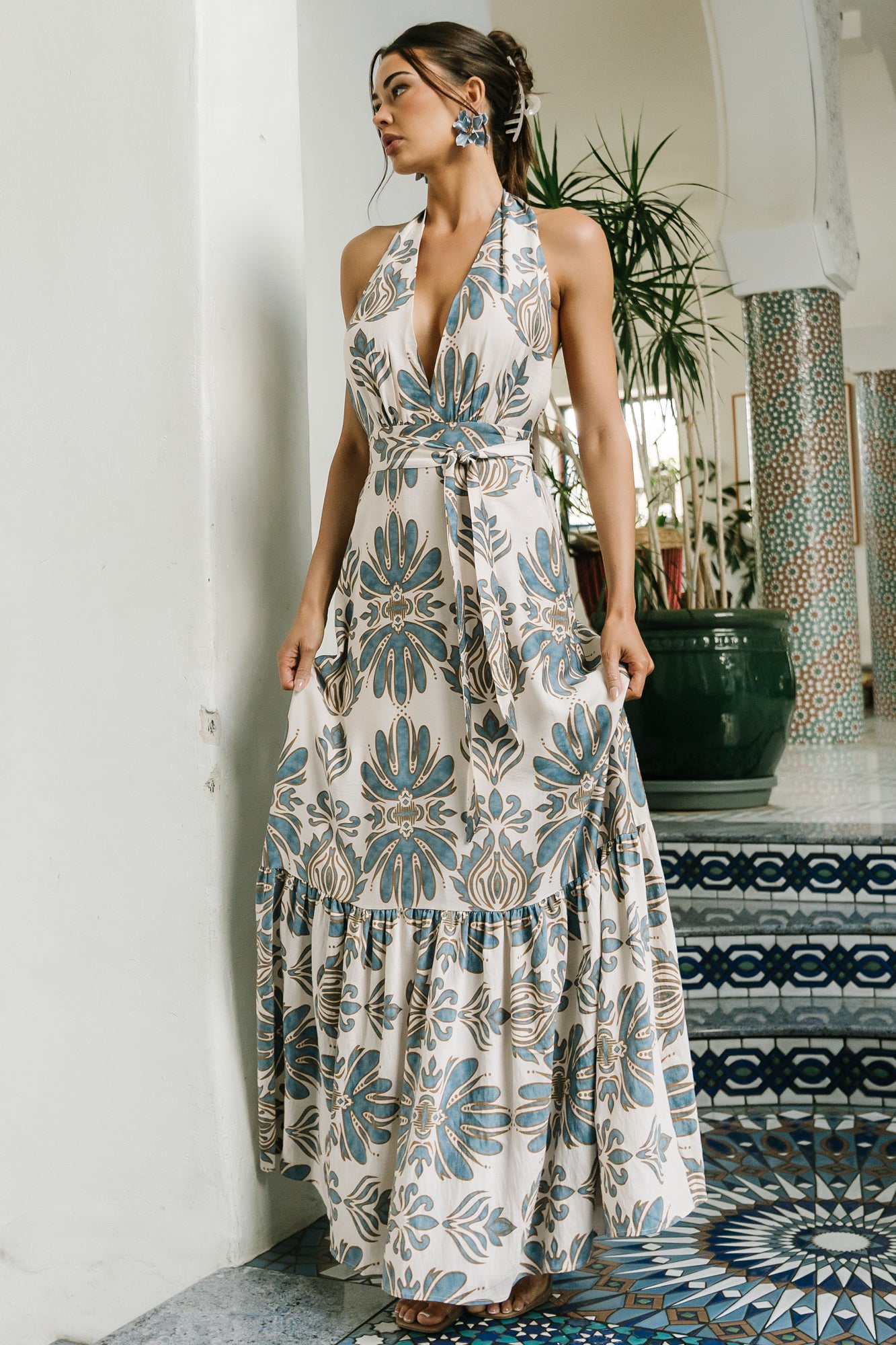 Estrella Halter Maxi Dress, Navy & Tan 7 Estrella Halter Maxi Dress, Navy & Tan