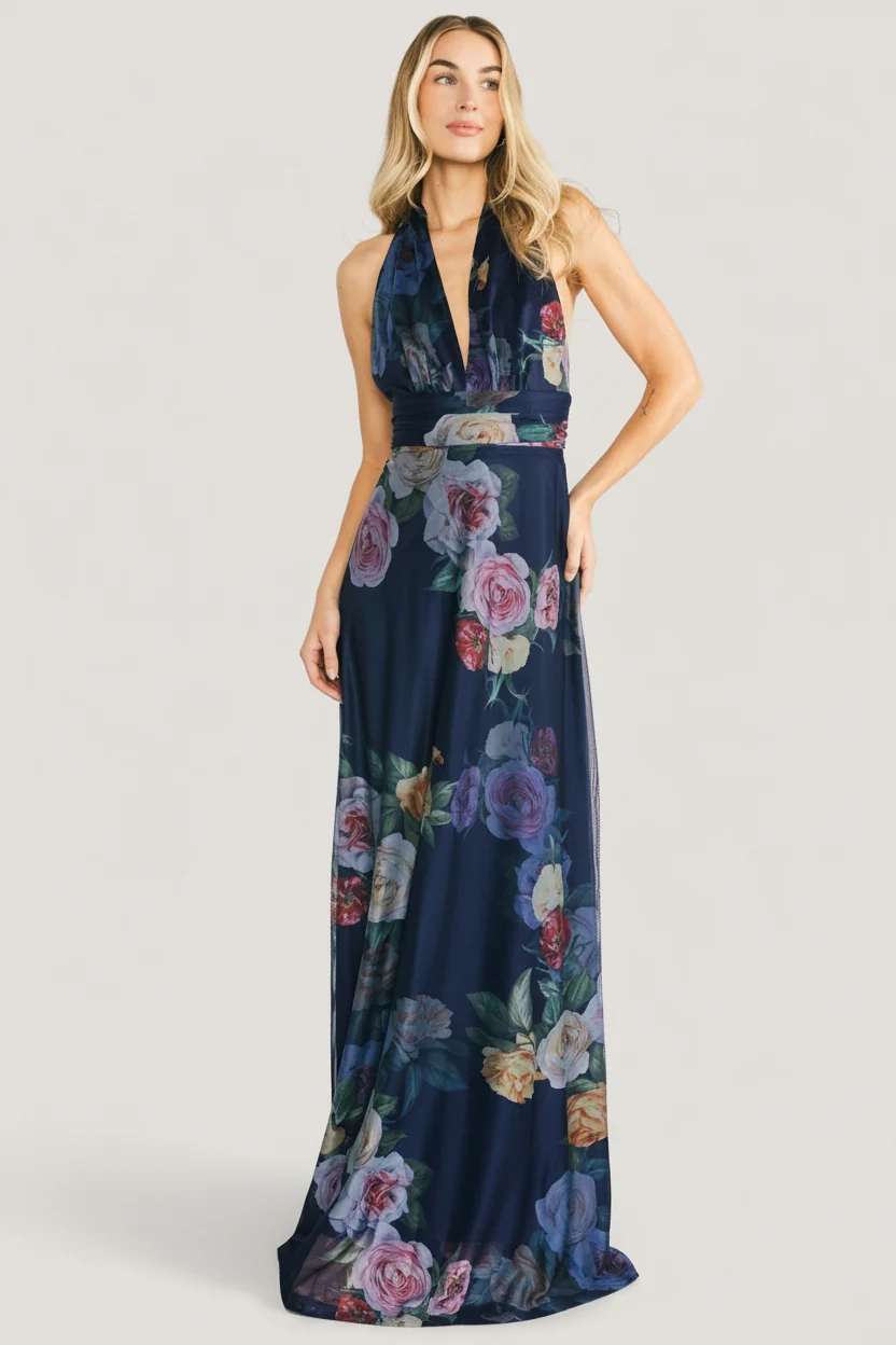 Dresden Halter Maxi Dress - Navy Floral