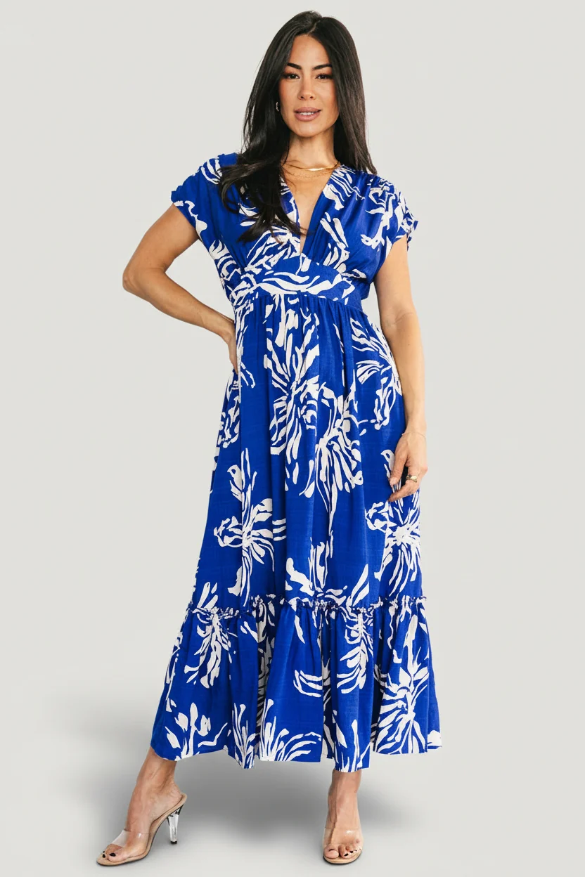 Rosa Midi Dress — Cobalt Floral Smocked Waist