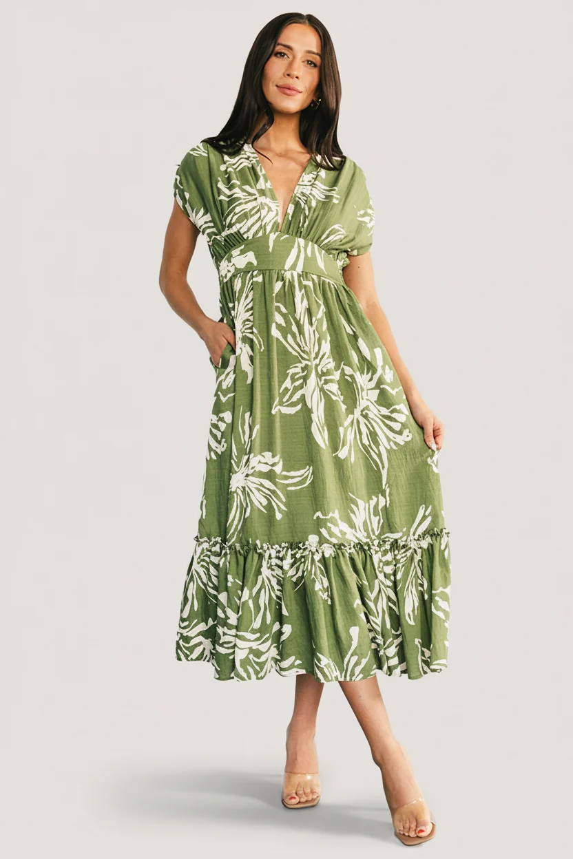 Rosa Midi Dress - Green Floral, Smocked Waist