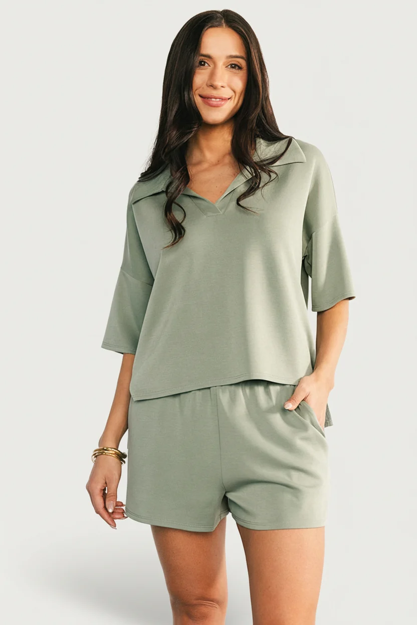 Ana Collared V-Neck Top & Shorts Set