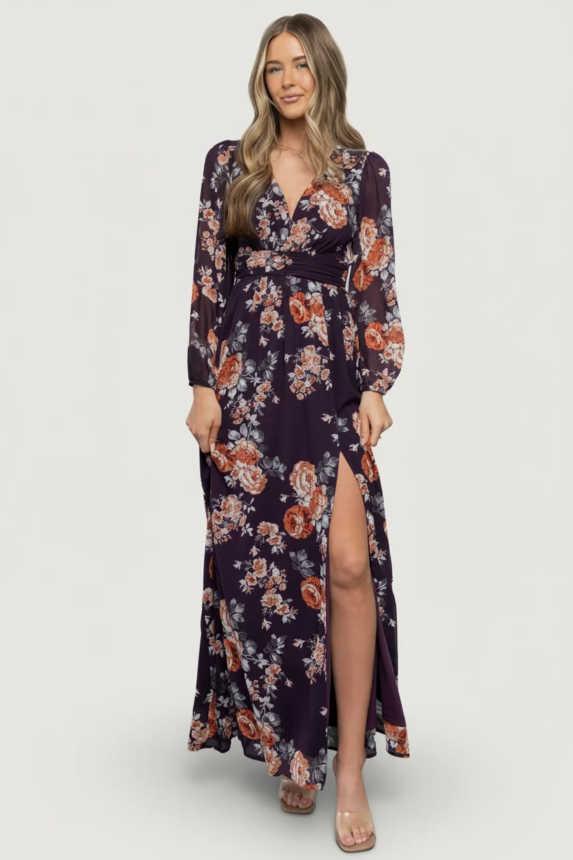 Adira Plum Floral Maxi Dress — Smocked Waist