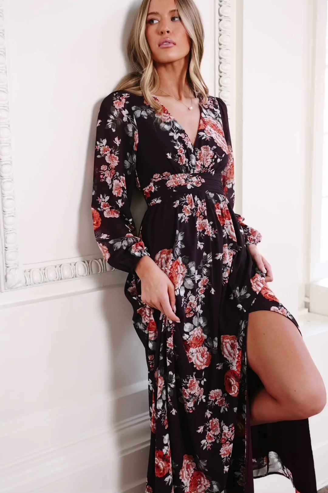 Adira Plum Floral Maxi Dress — Smocked Waist