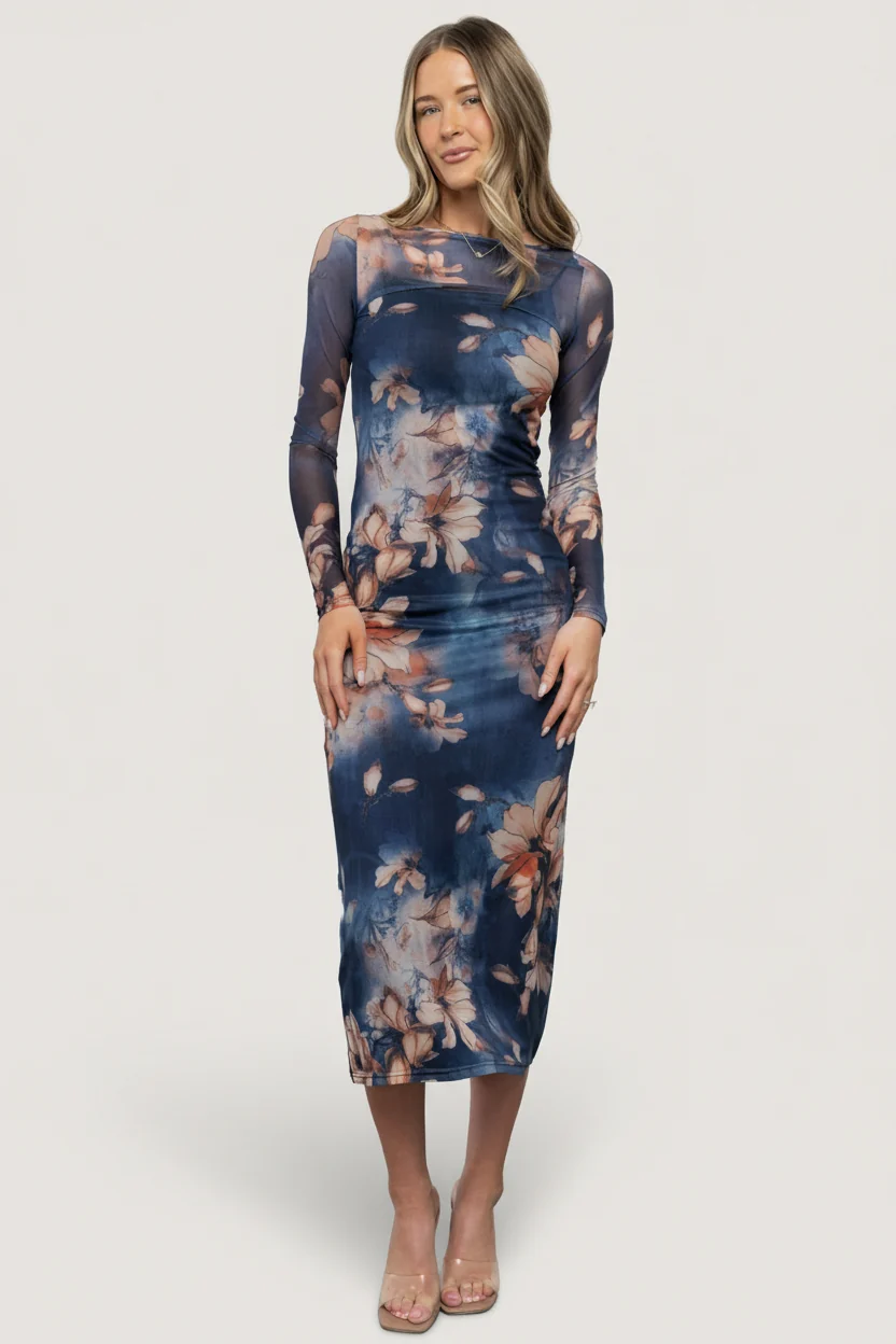 Darya Mesh Midi Dress, Navy Floral Ribbed Slip
