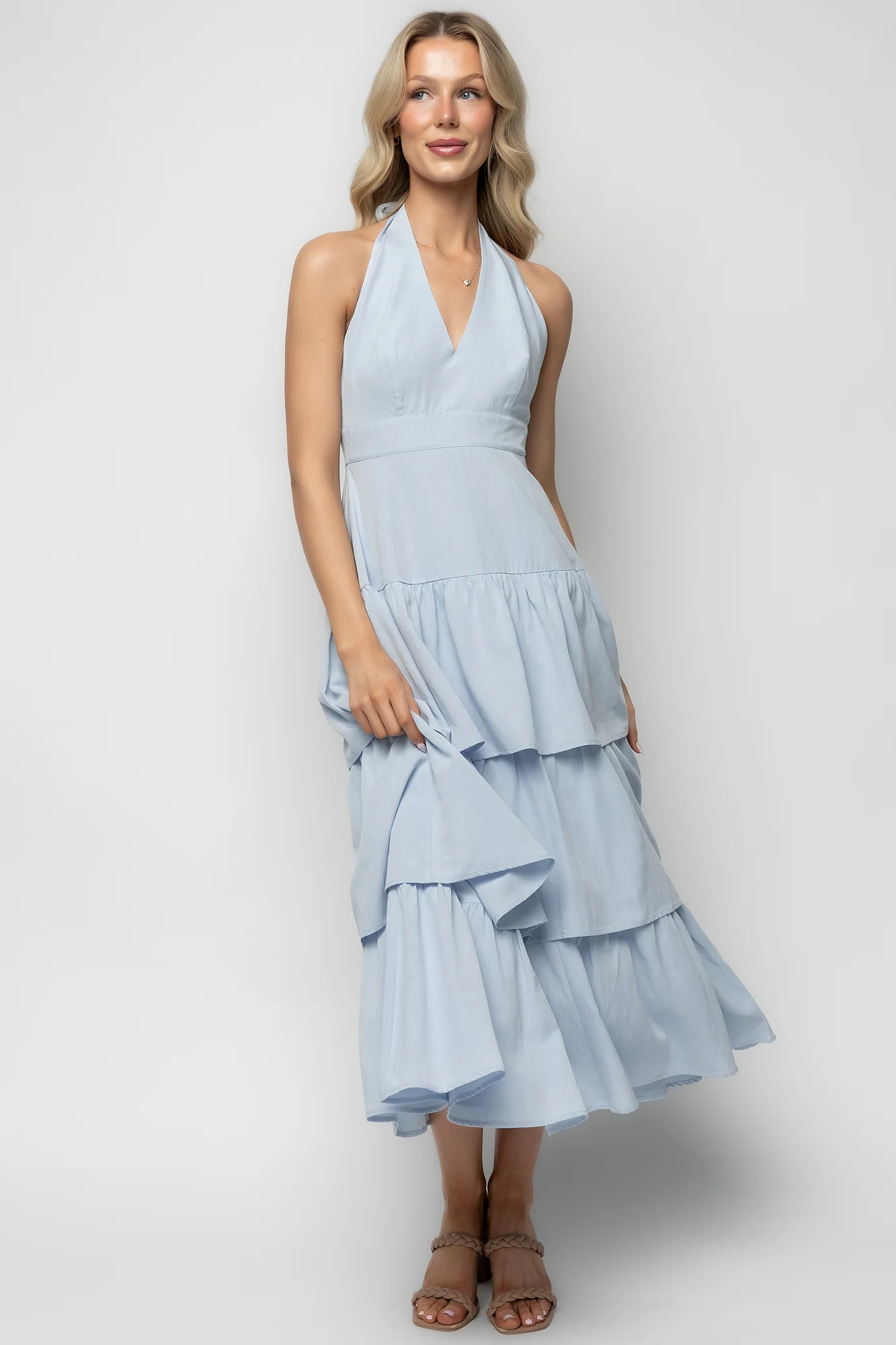 Savannah Tiered Maxi Dress — Light Blue Halter