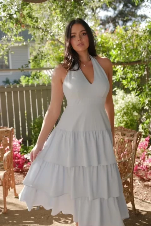 Savannah Tiered Maxi Dress — Light Blue Halter