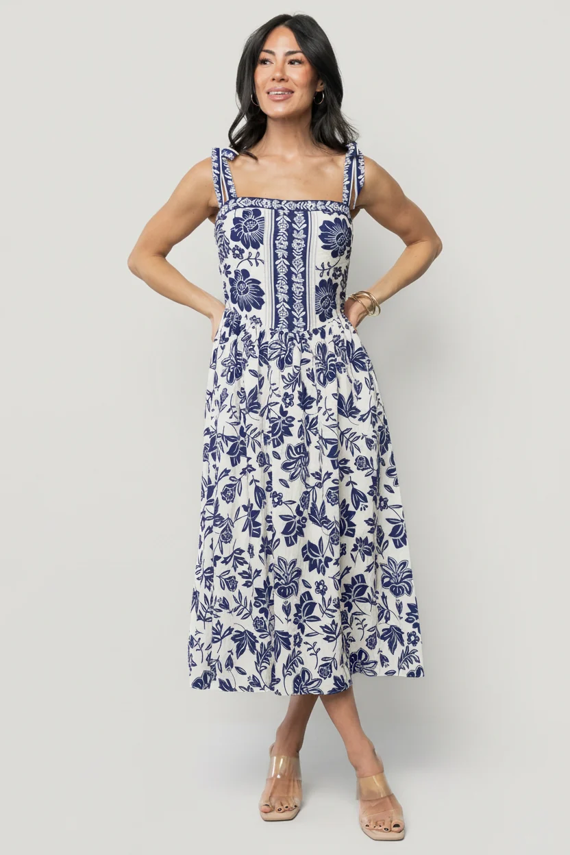 Isabel Midi Dress — Blue Floral Square Neck 1 Isabel Midi Dress — Blue Floral Square Neck