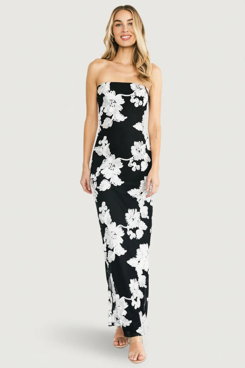 Strapless Maxi Dress in Black & White Floral