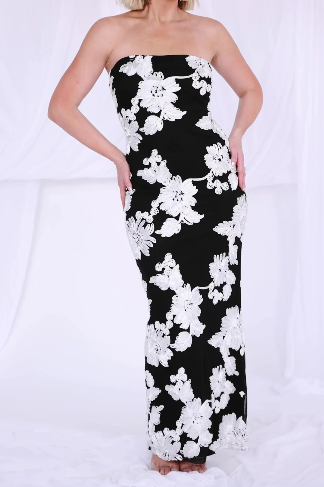Strapless Maxi Dress in Black & White Floral