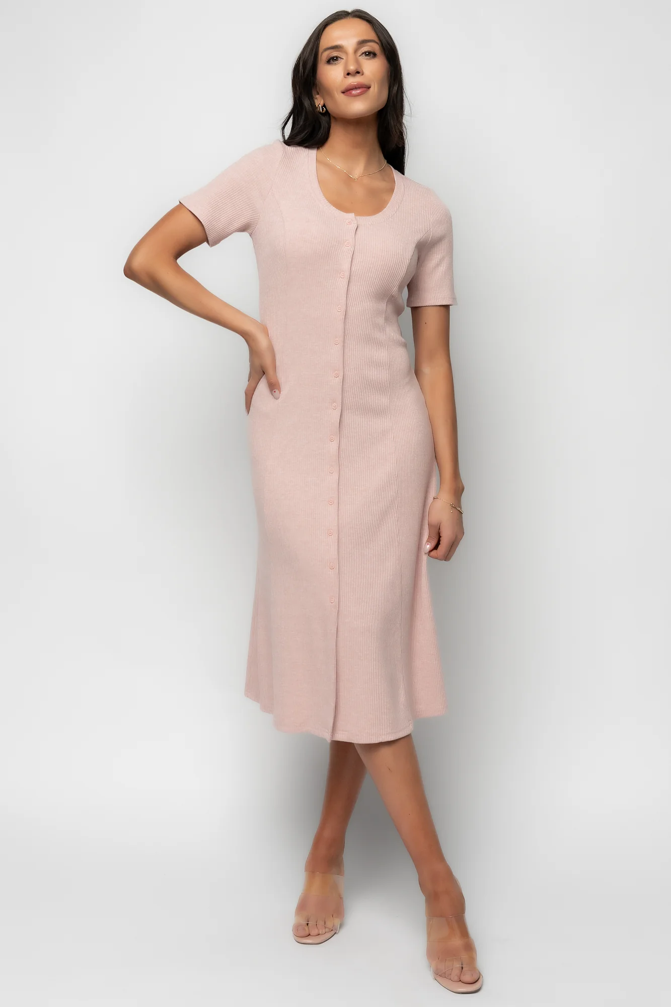 Océane Ribbed Midi Dress, Blush Pink