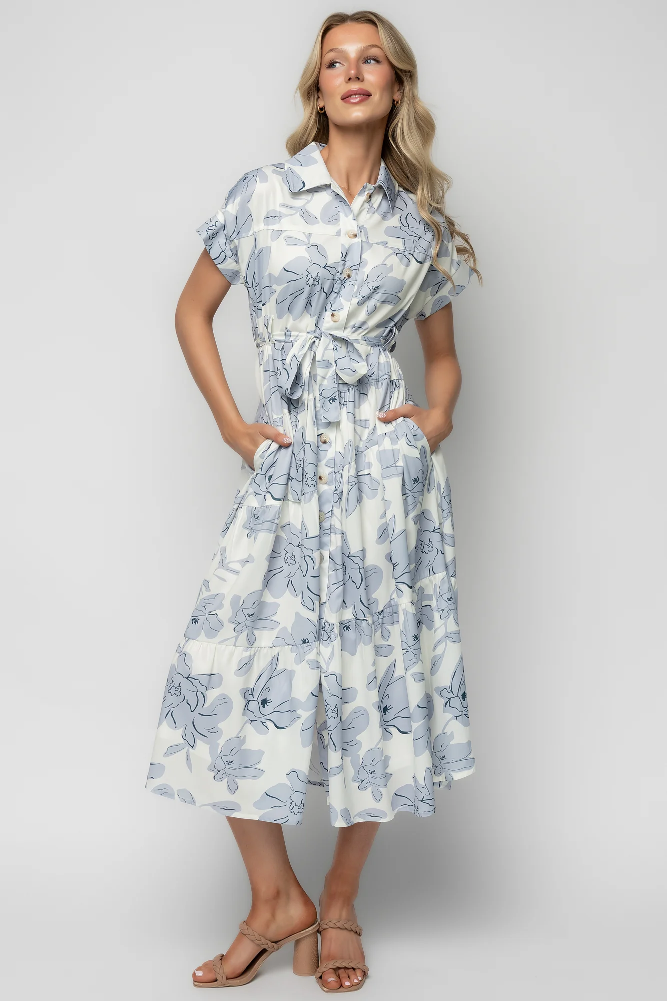 Claire Button Up Midi Dress — Ivory & Blue