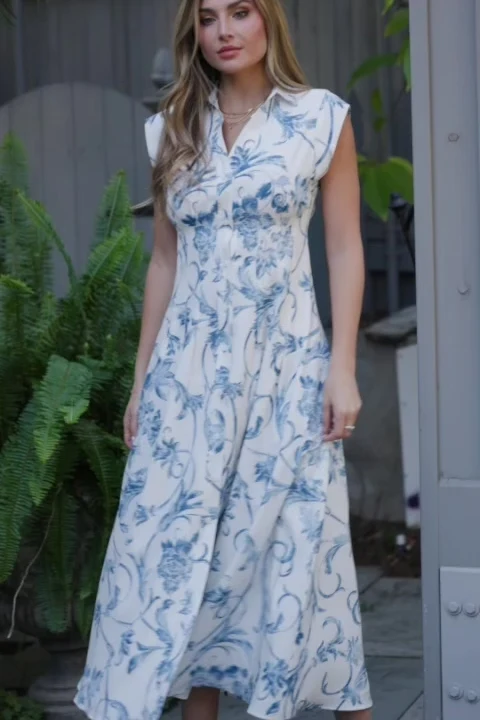 Tobias Midi Dress — Off White & Blue Floral