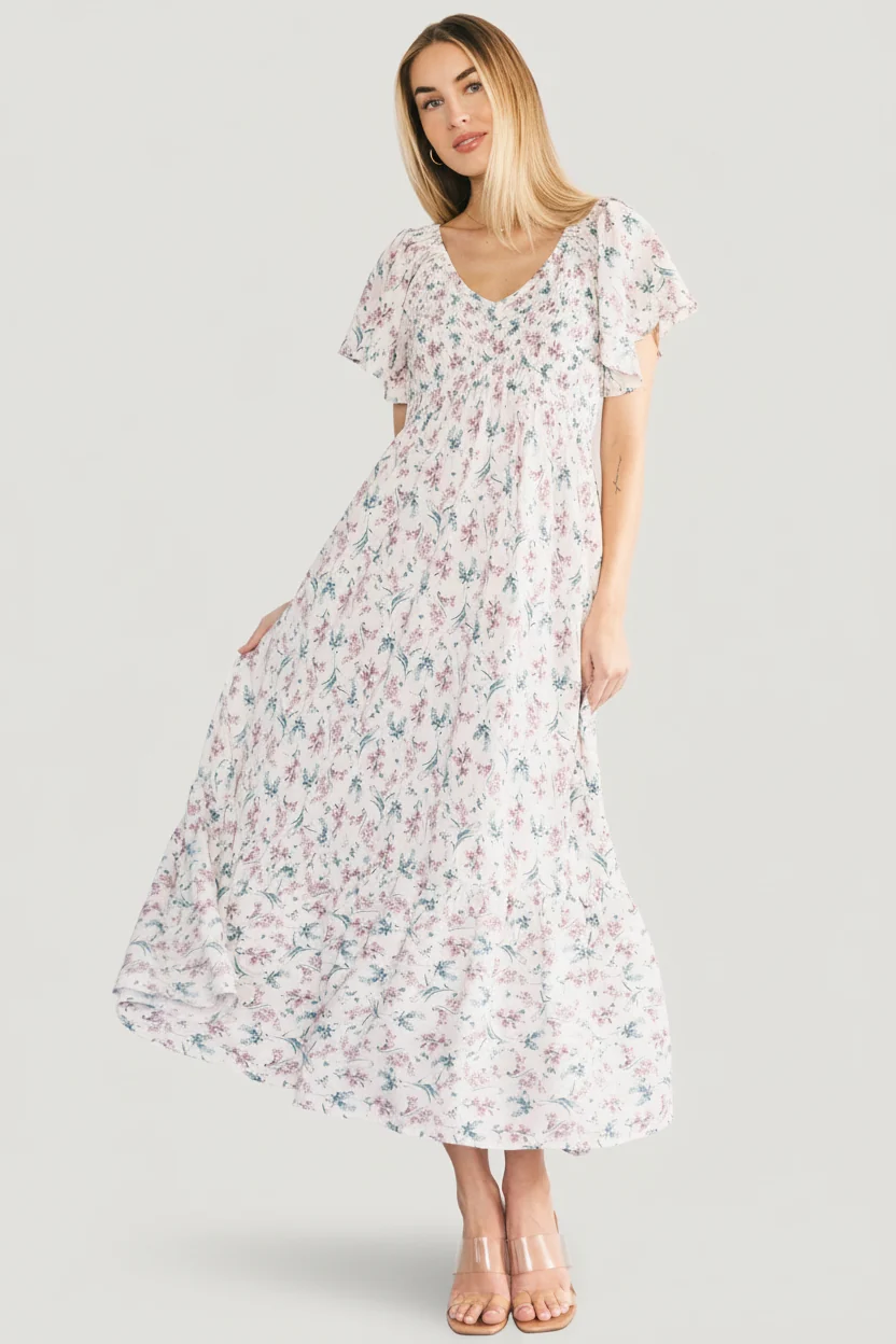 Joanie Smocked Midi Dress — Cream Multi Floral