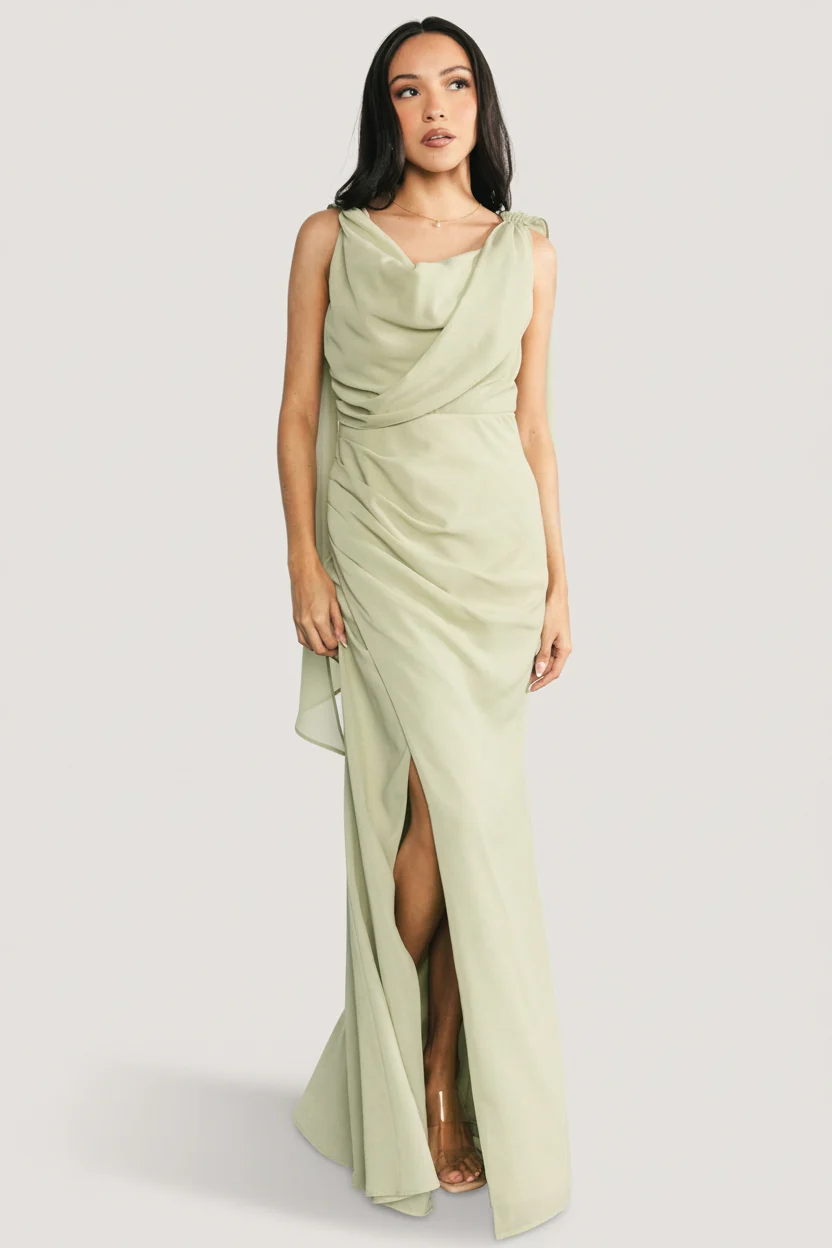 Nova Chiffon Maxi Dress — Sage Green Cowl Neck