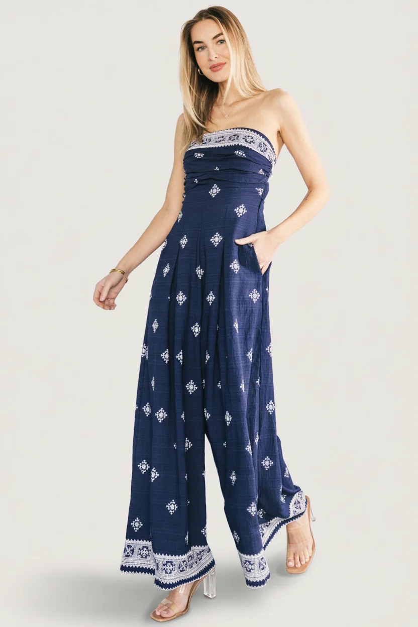 Córdoba Strapless Wide-Leg Jumpsuit Navy Print