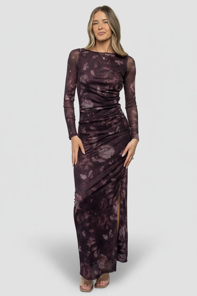 Isadora Mesh Bodycon Maxi — Deep Plum Floral 1 Isadora Mesh Bodycon Maxi — Deep Plum Floral
