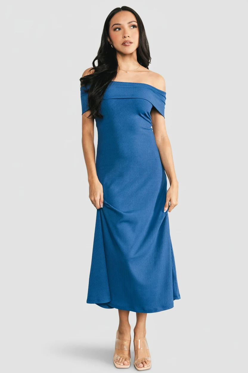 Kay Off-Shoulder Ribbed Midi Dress — Navy