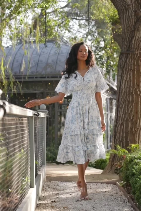 Willow Boho Midi Dress — White & Blue