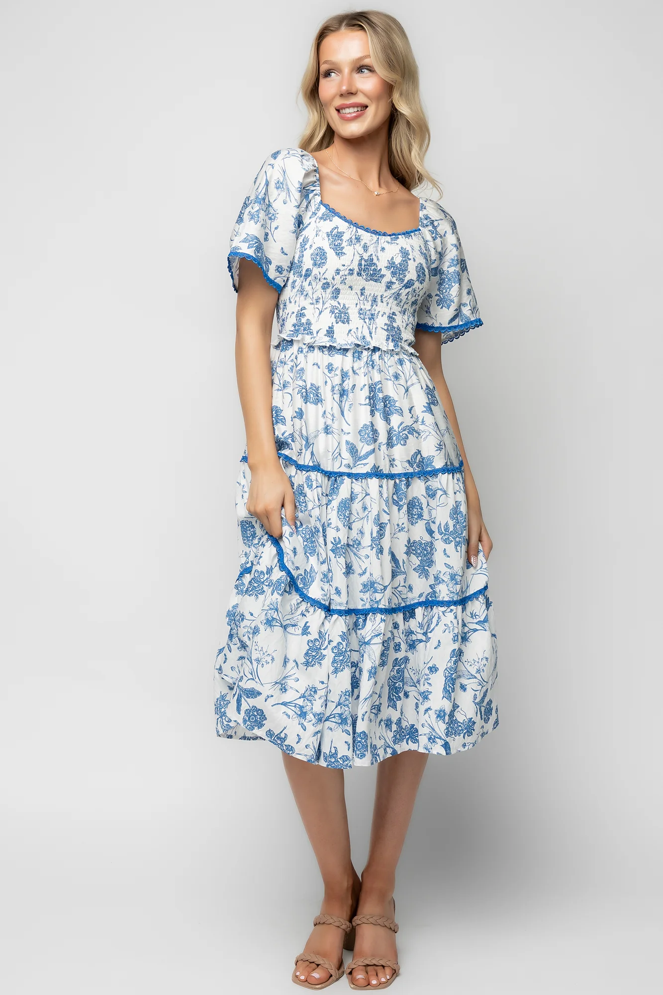 Freya Tiered Midi Dress - White + Blue Floral 14 Freya Tiered Midi Dress - White + Blue Floral