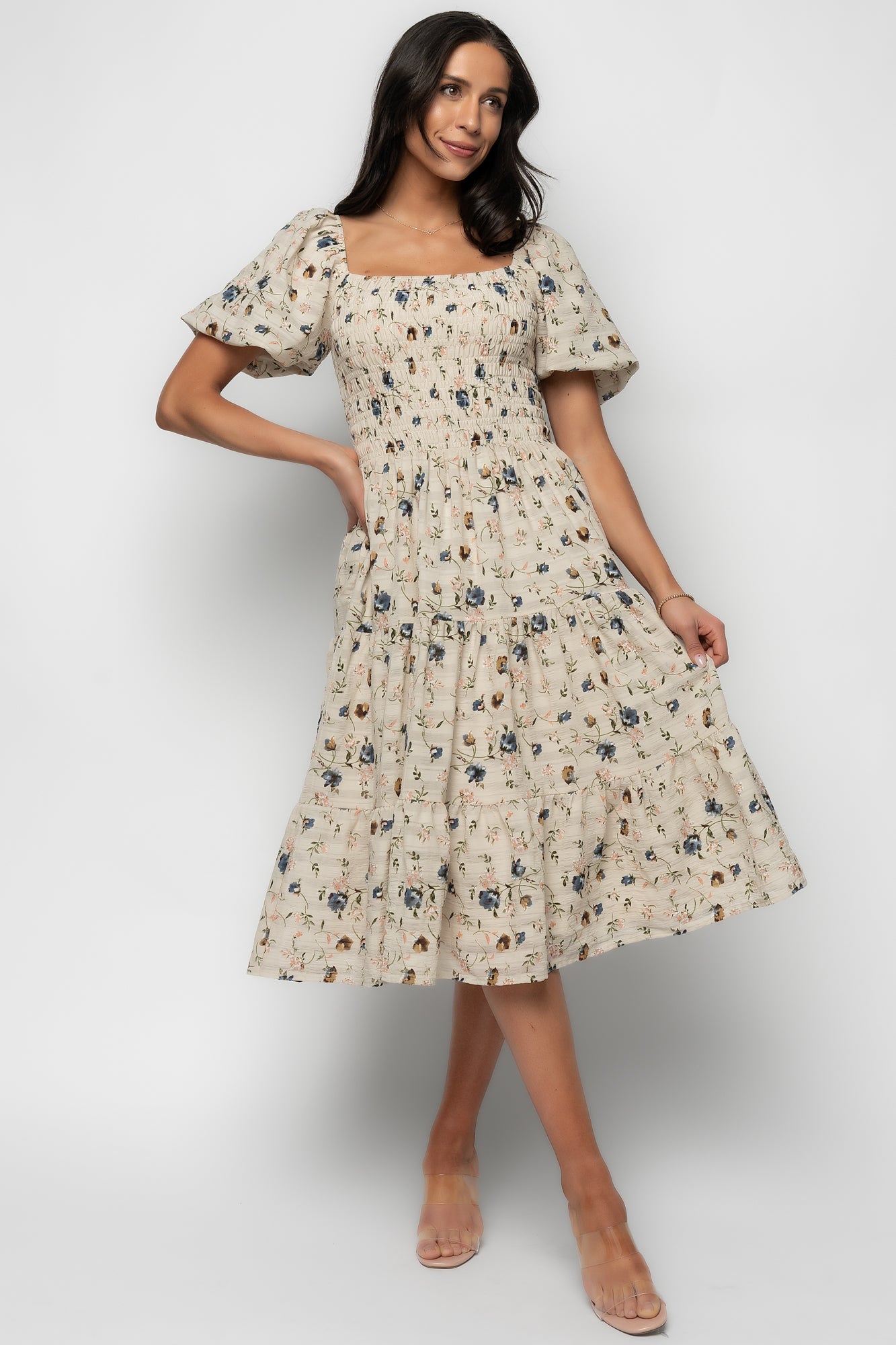 Mattea Smocked Midi Dress, Beige Floral