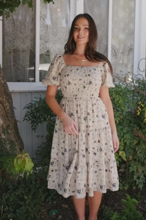 Mattea Smocked Midi Dress, Beige Floral