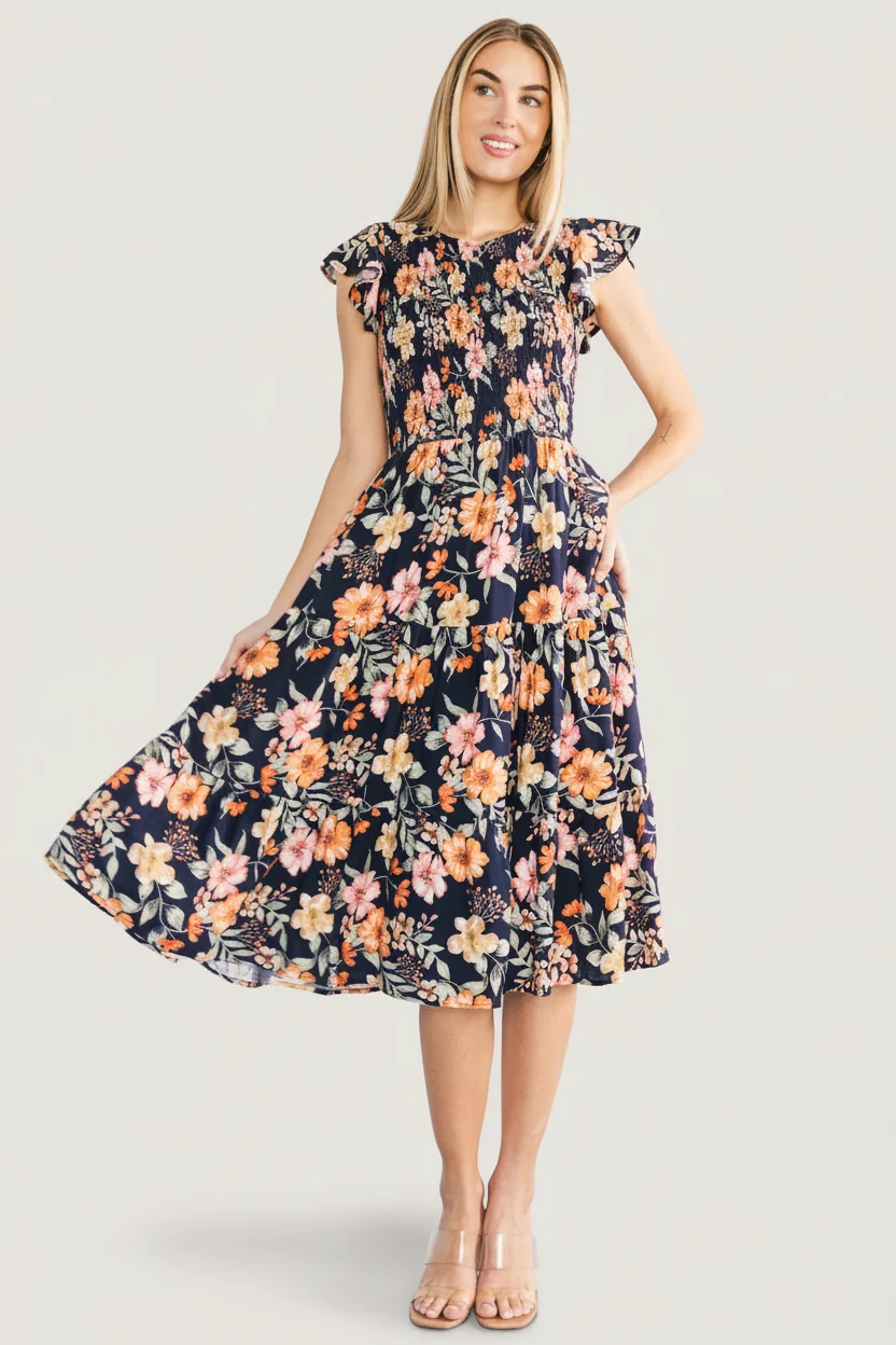 Loretta Smocked Midi Dress — Midnight Floral