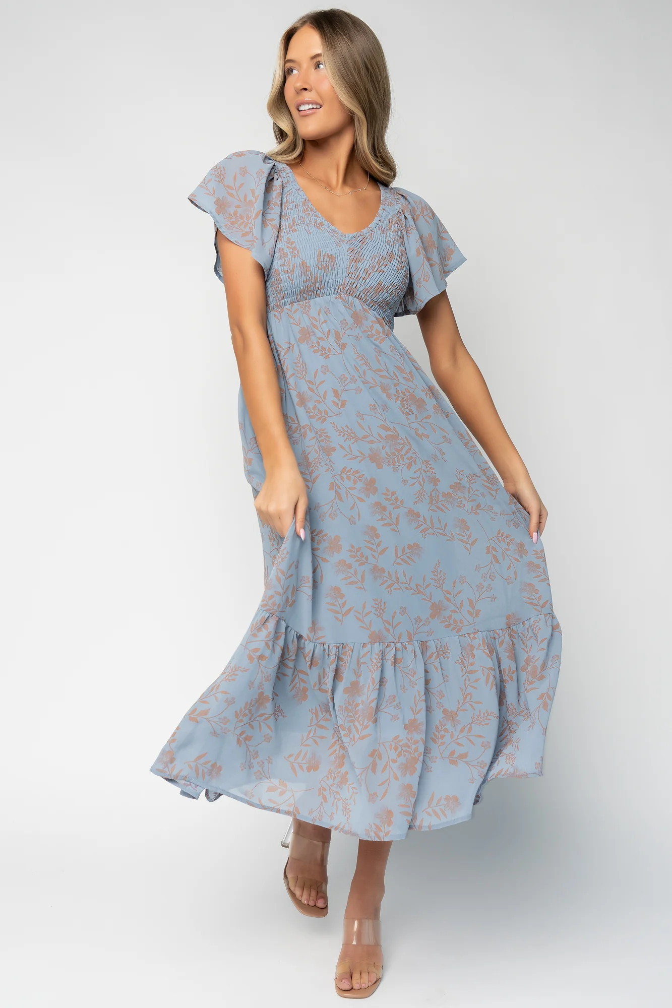Monica Smocked Dress - Dusty Blue & Terracotta