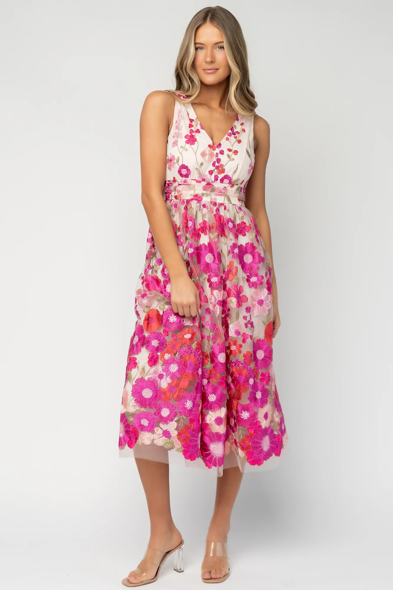 Lila Embroidered Midi Dress — Pink Floral