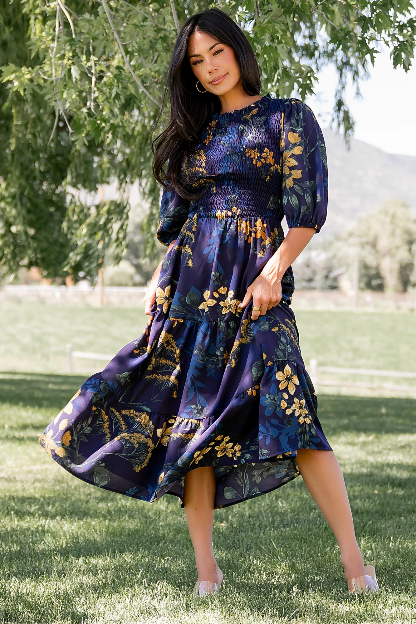 Lena Tiered Midi Dress — Navy & Gold Floral