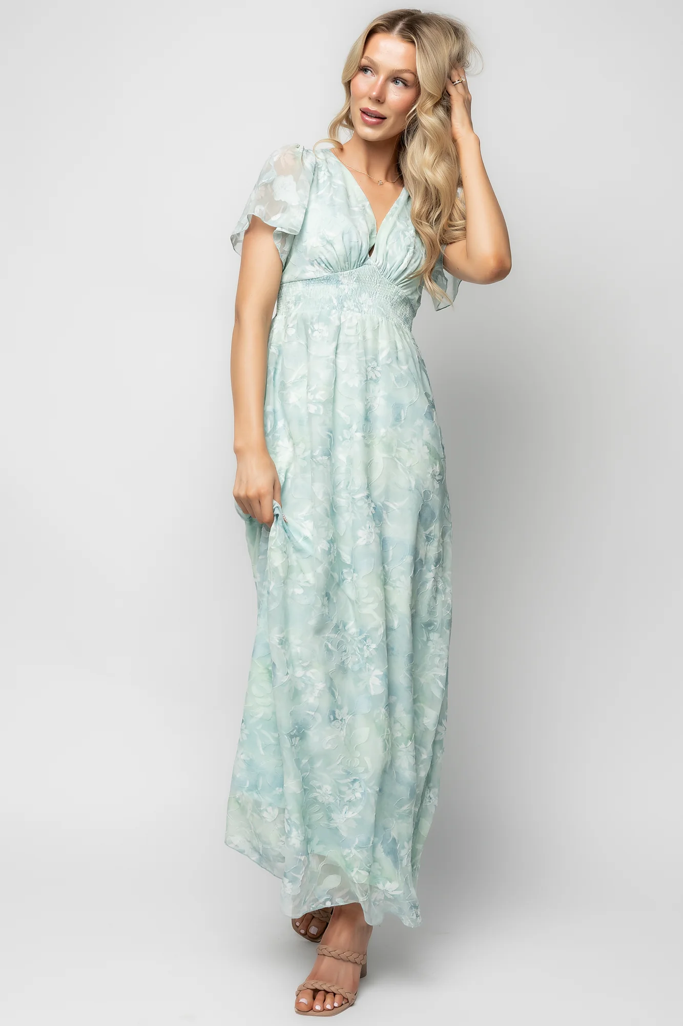 Soline Maxi Dress — Light Teal Floral Gown