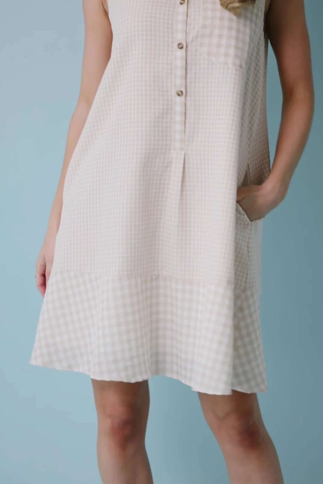 Dolly Short Dress - Beige Gingham Print