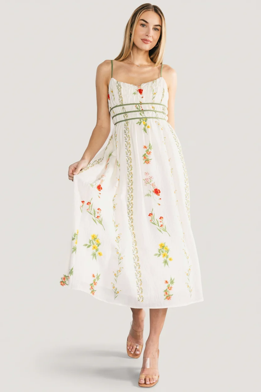 Cerise Midi — Ivory Floral Smocked Midi