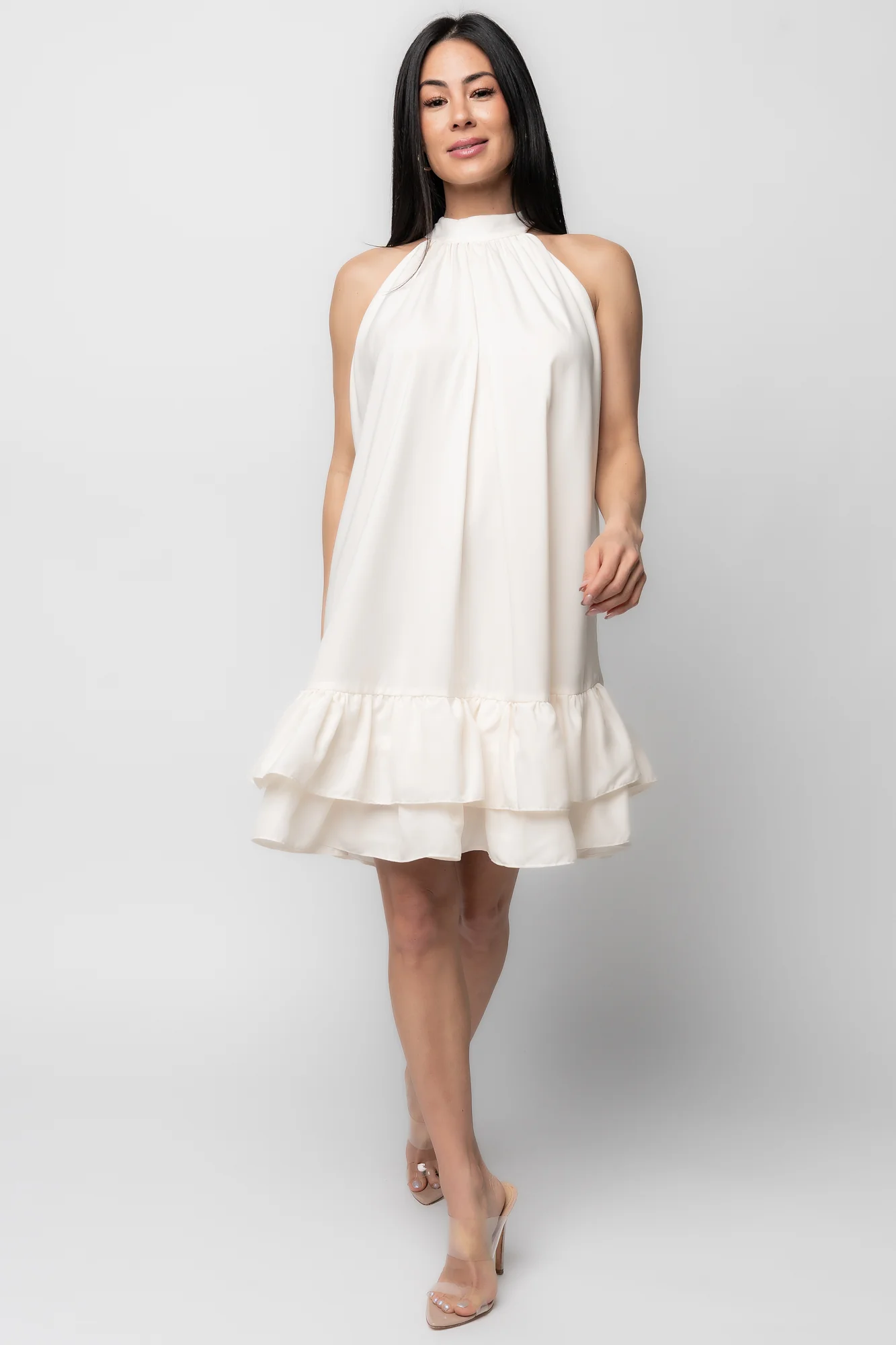 Lulu Ruffle Halter Mini Dress - Cream Satin