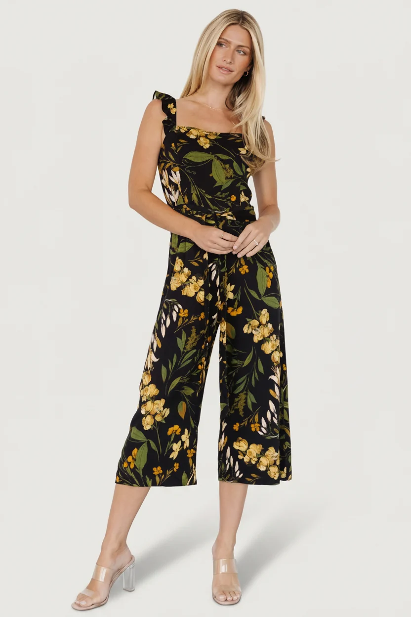Gemma Smocked Jumpsuit — Black & Golden Floral