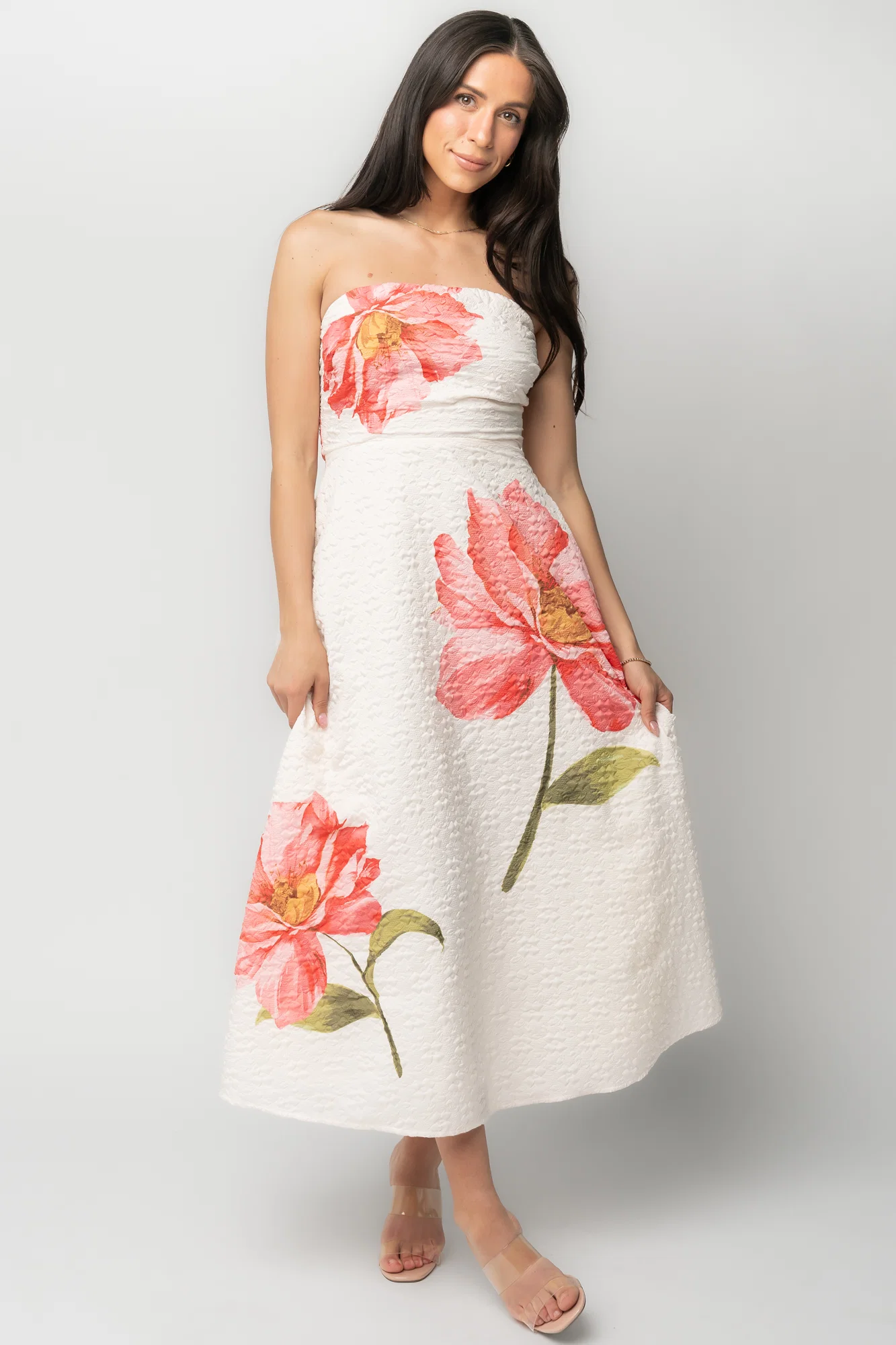 Genesis Strapless Midi Dress | White + Pink Floral