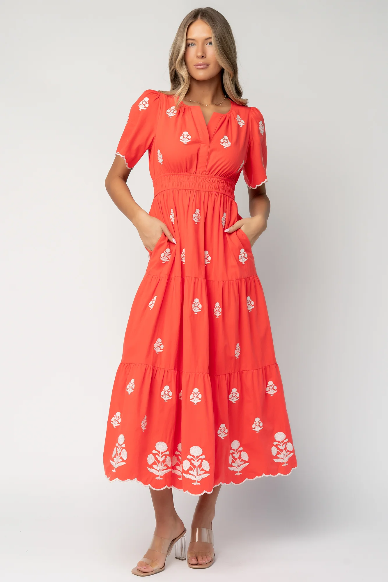 Delilah Embroidered Cotton Maxi Dress in Red