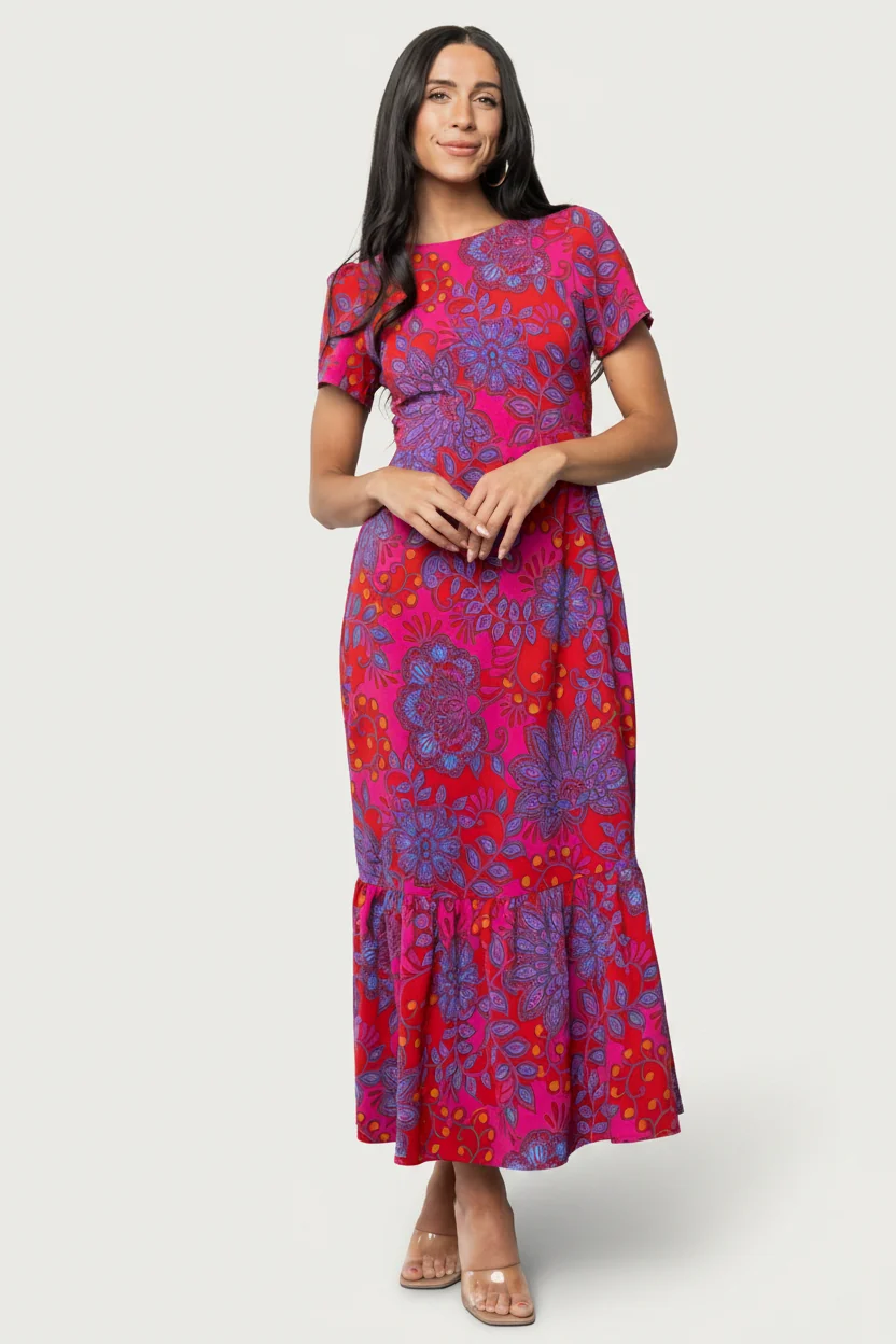 Gwen Tiered Maxi Dress in Fuchsia Multi Print