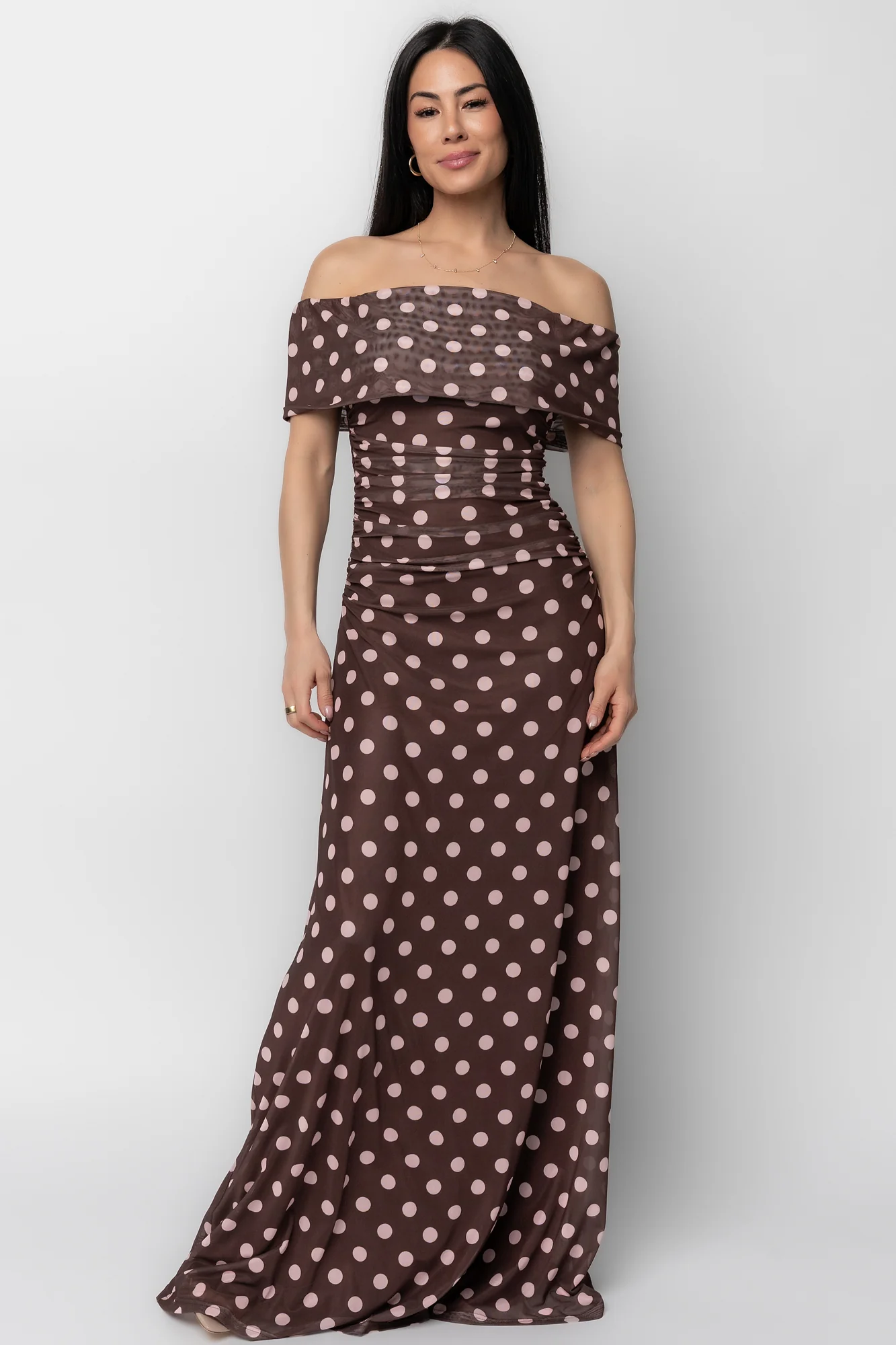 Maisie Off-Shoulder Maxi — Chocolate & Blush