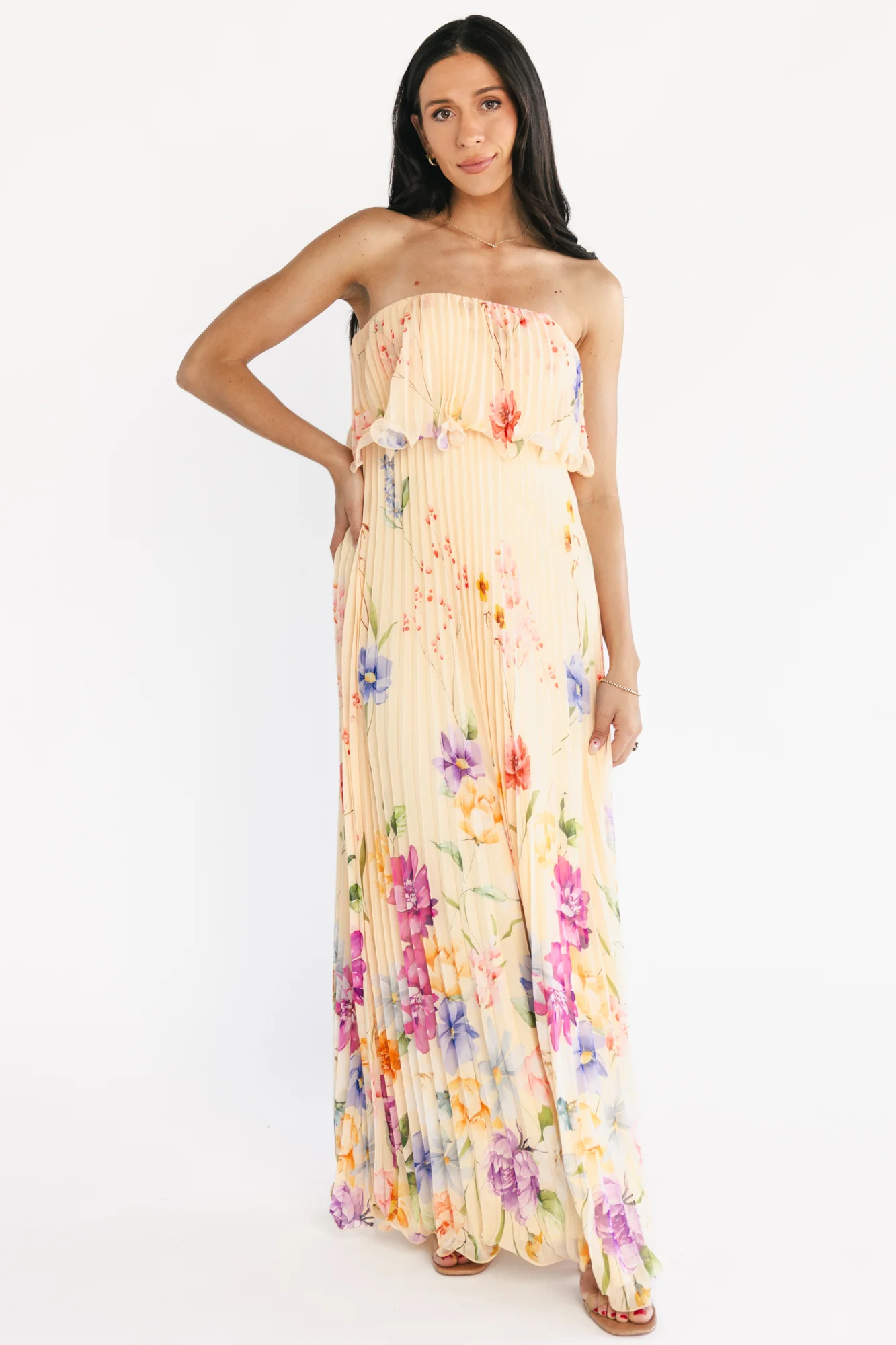 Bloom Pleated Strapless Maxi Dress | Multi Floral