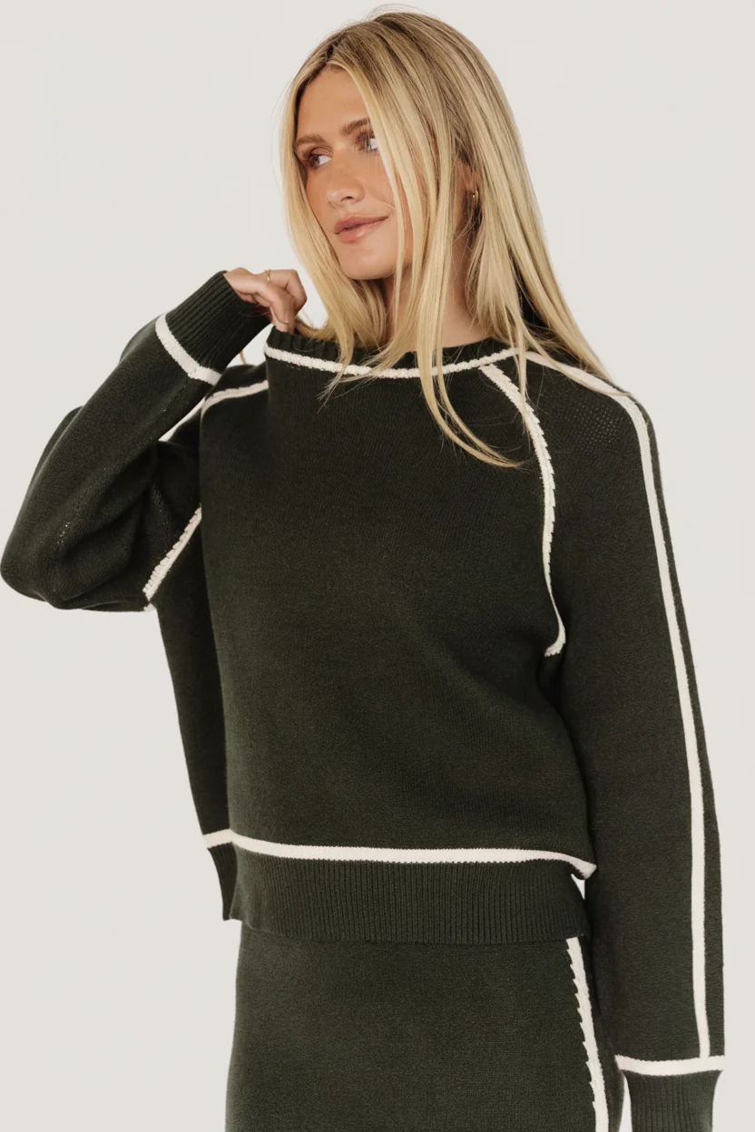 Ava Knit Sweater — Dark Green, Cream Piping