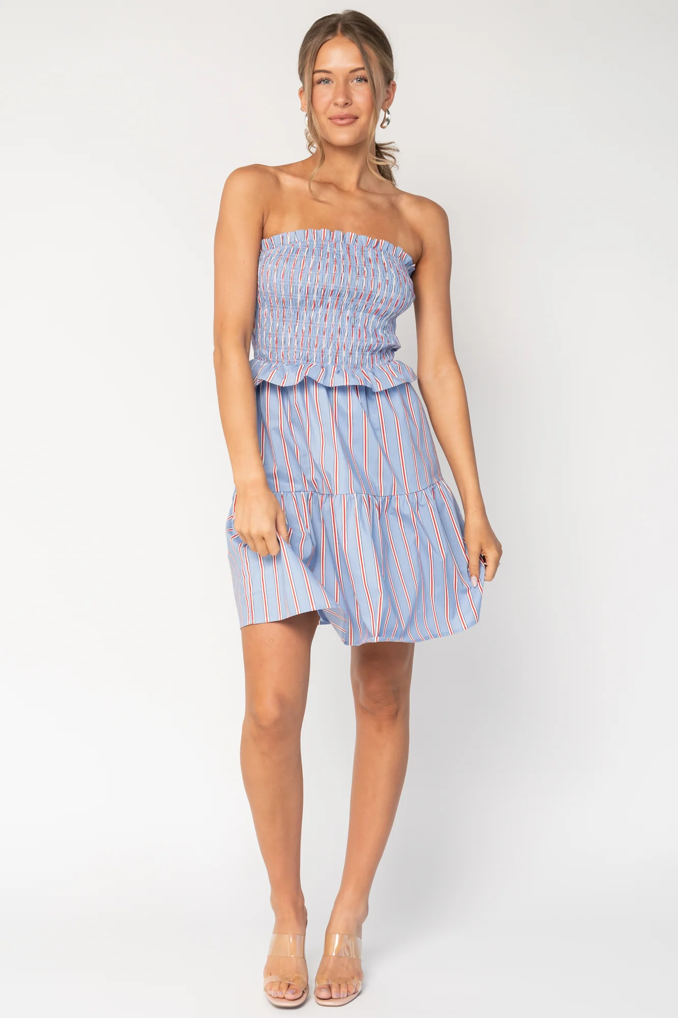 Madelyn Strapless Short Dress | Light Blue Stripe