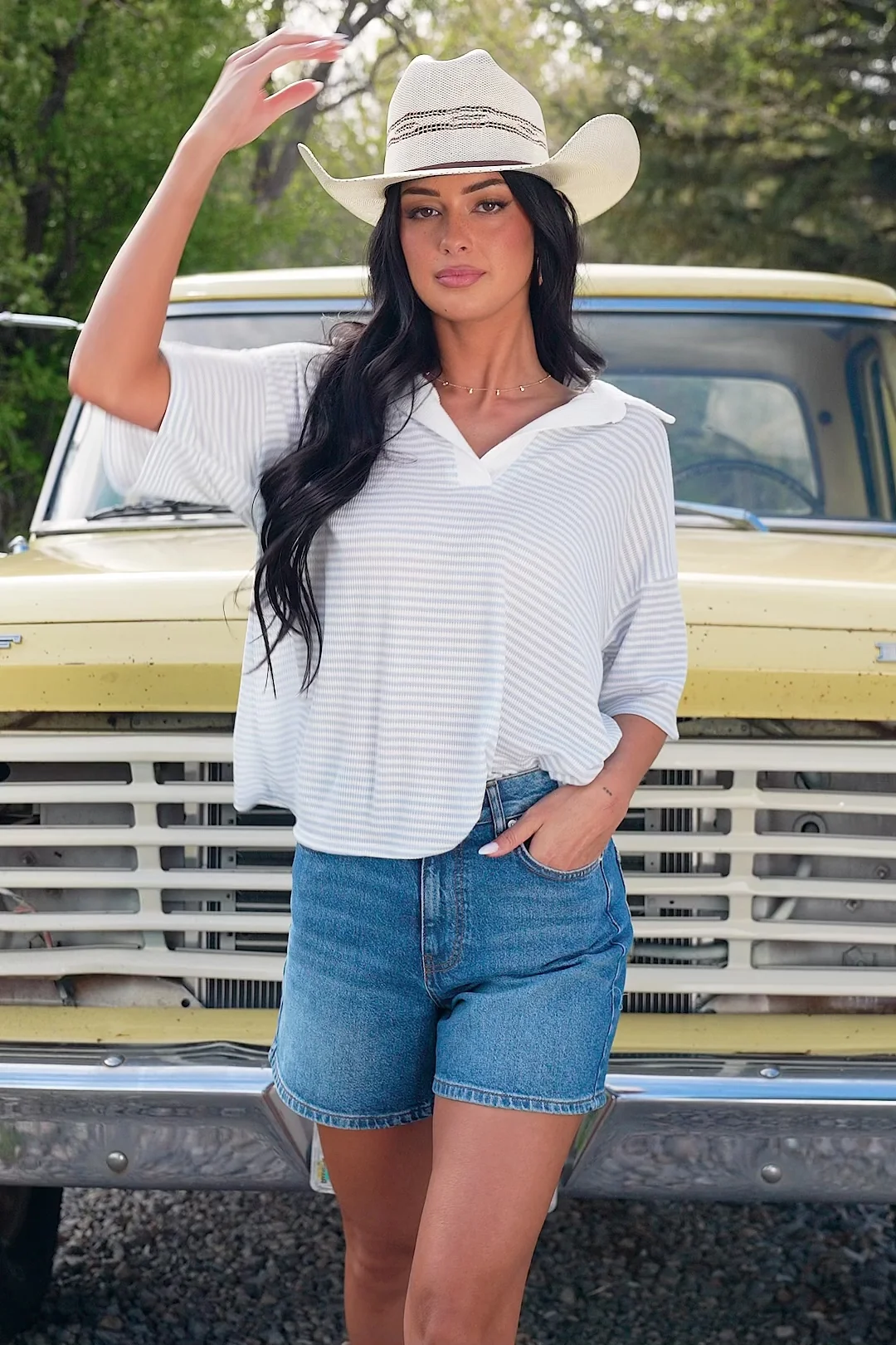 Billie Open Collar Top | Light Blue + White