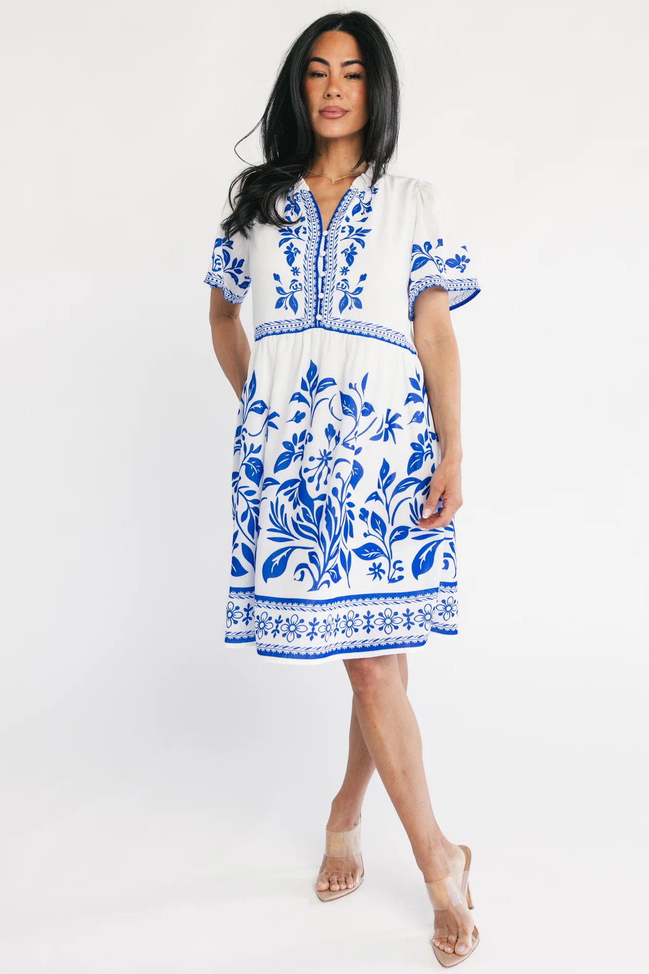 Palomina Short Dress, Cobalt Floral Linen-Look